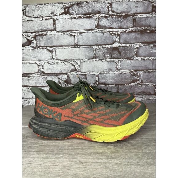 Hoka One Speedgoat 5 Thyme Fiesta Gray Fabric Red Yellow Gym Shoes Men 12 2E US main image 8